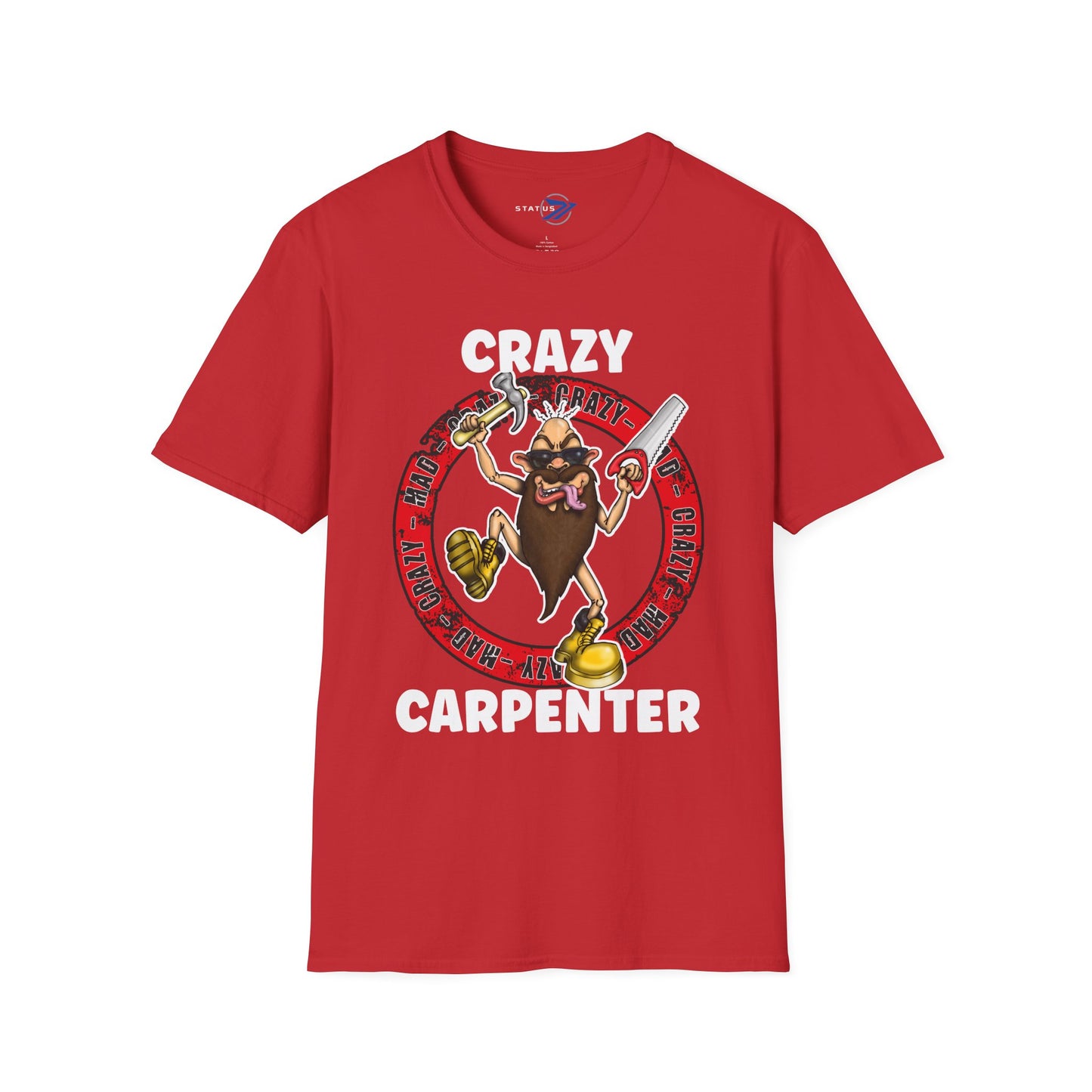 Crazy Carpenter T-Shirt — Funny Tool Mascot Tee for Woodworkers & Tradespeople