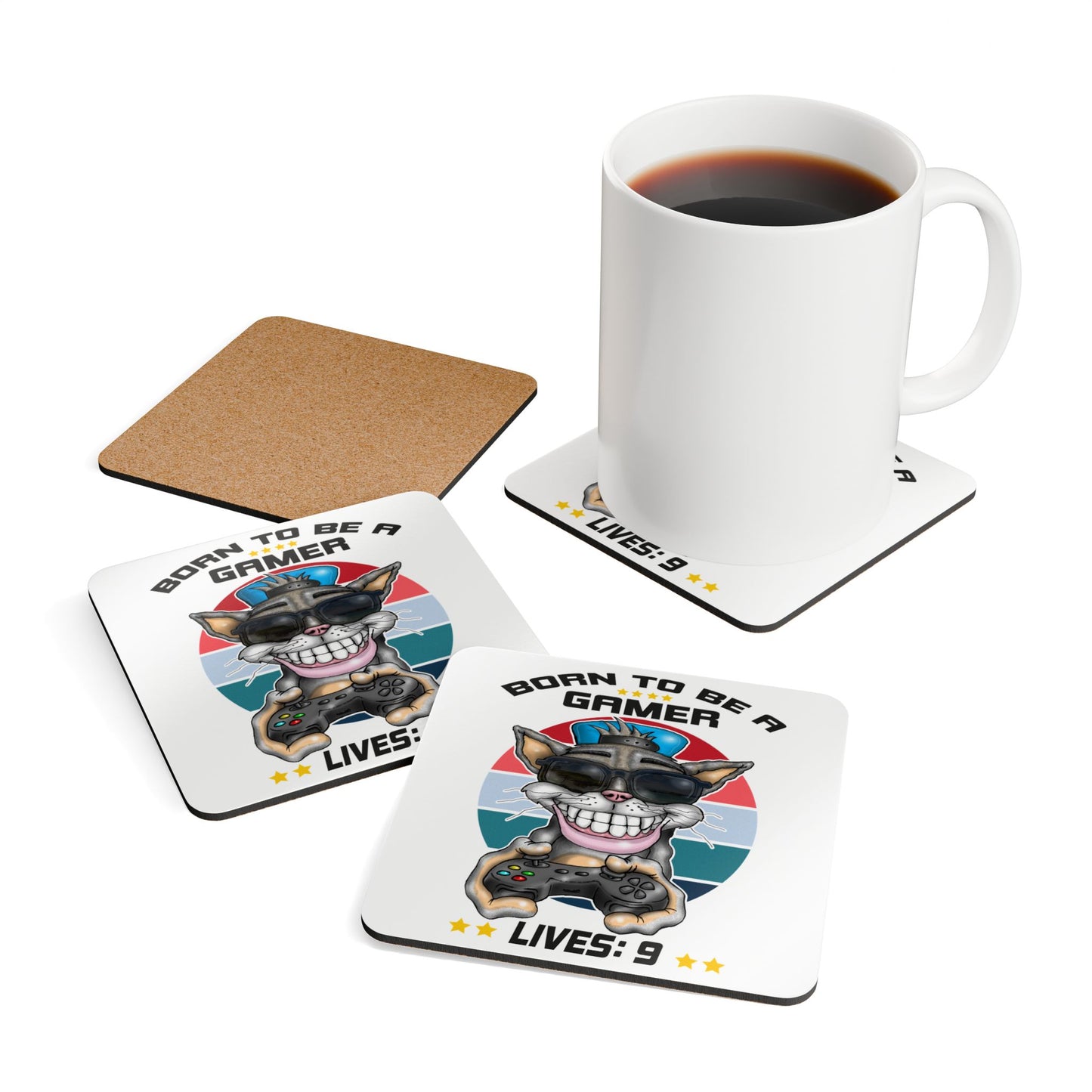 Gamer Cat Corkwood Coasters — "Born to Be a Gamer" Set (Lives: 9)