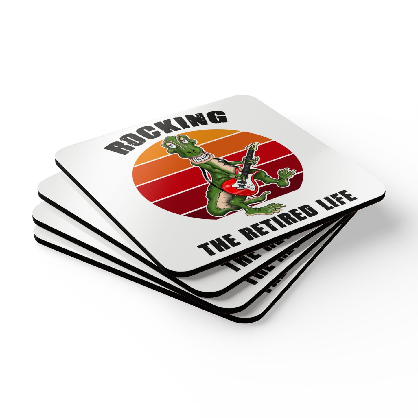 Cork Coaster Set - 'Rocking the Retired Life' Funny Guitar Dinosaur Retirement Drink Coasters