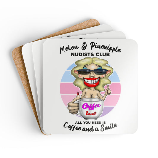 Cork Coaster Set — 'Melon & Pineapple Nudists Club' Coffee Lover Drink Coasters (All You Need Is Coffee and a Smile)