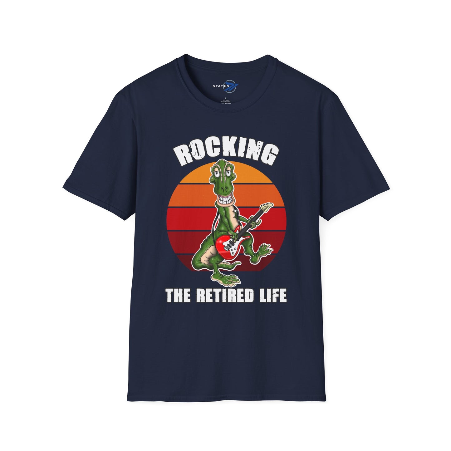Rocking the Retired Life T-Shirt — Funny Retirement Guitar Dinosaur Tee