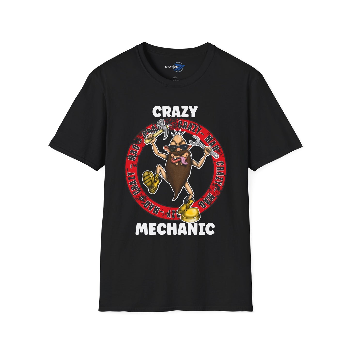 Crazy Mechanic T-Shirt — Funny Wrench Cartoon Tee for Auto Technicians