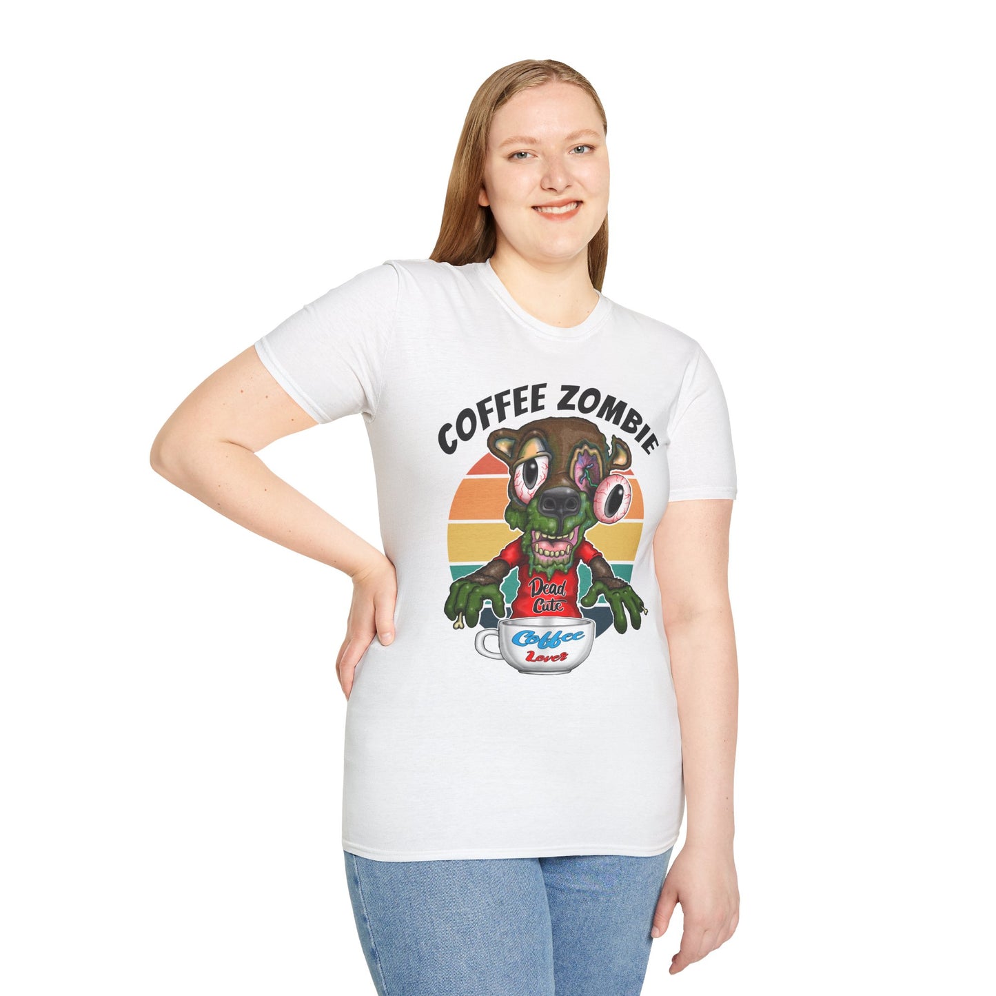 Coffee Zombie Bear T-Shirt — Retro Sunrise Coffee Lover Tee