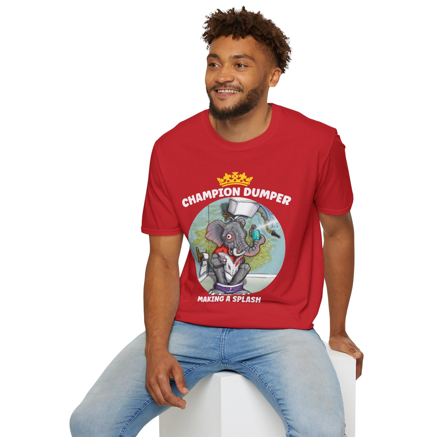 Champion Dumper T-Shirt — Funny Novelty Elephant 'Making a Splash' Tee