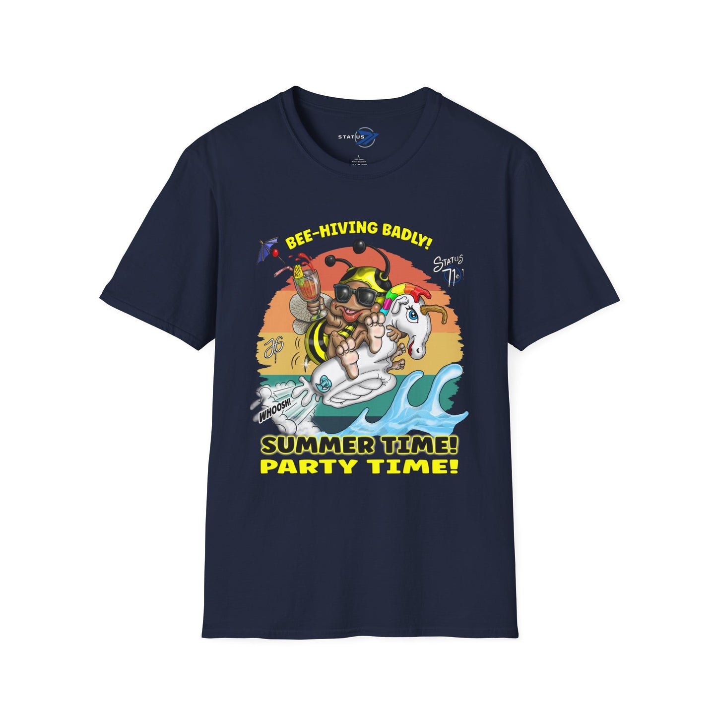 Summer Surf Party T‑Shirt — "Summer Time! Party Time!" Retro Surfing Bee Graphic