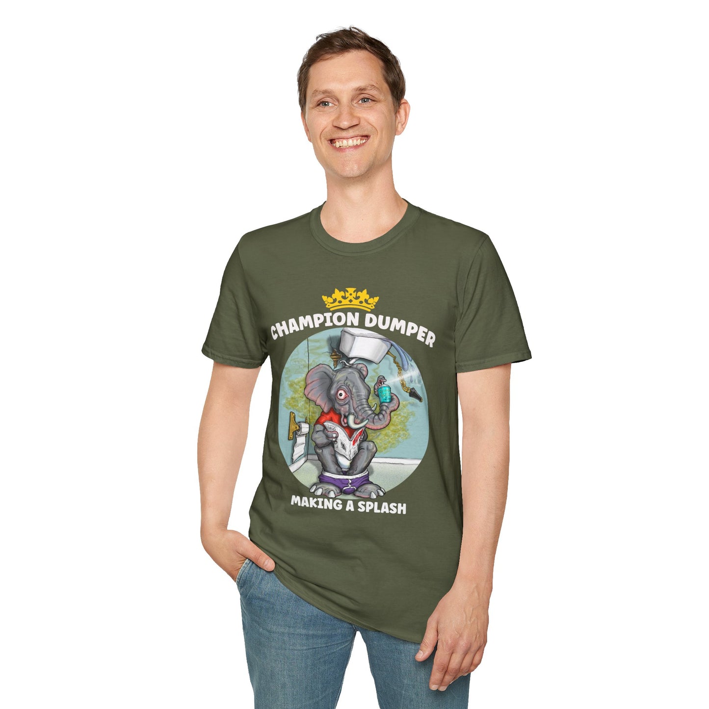 Champion Dumper T-Shirt — Funny Novelty Elephant 'Making a Splash' Tee