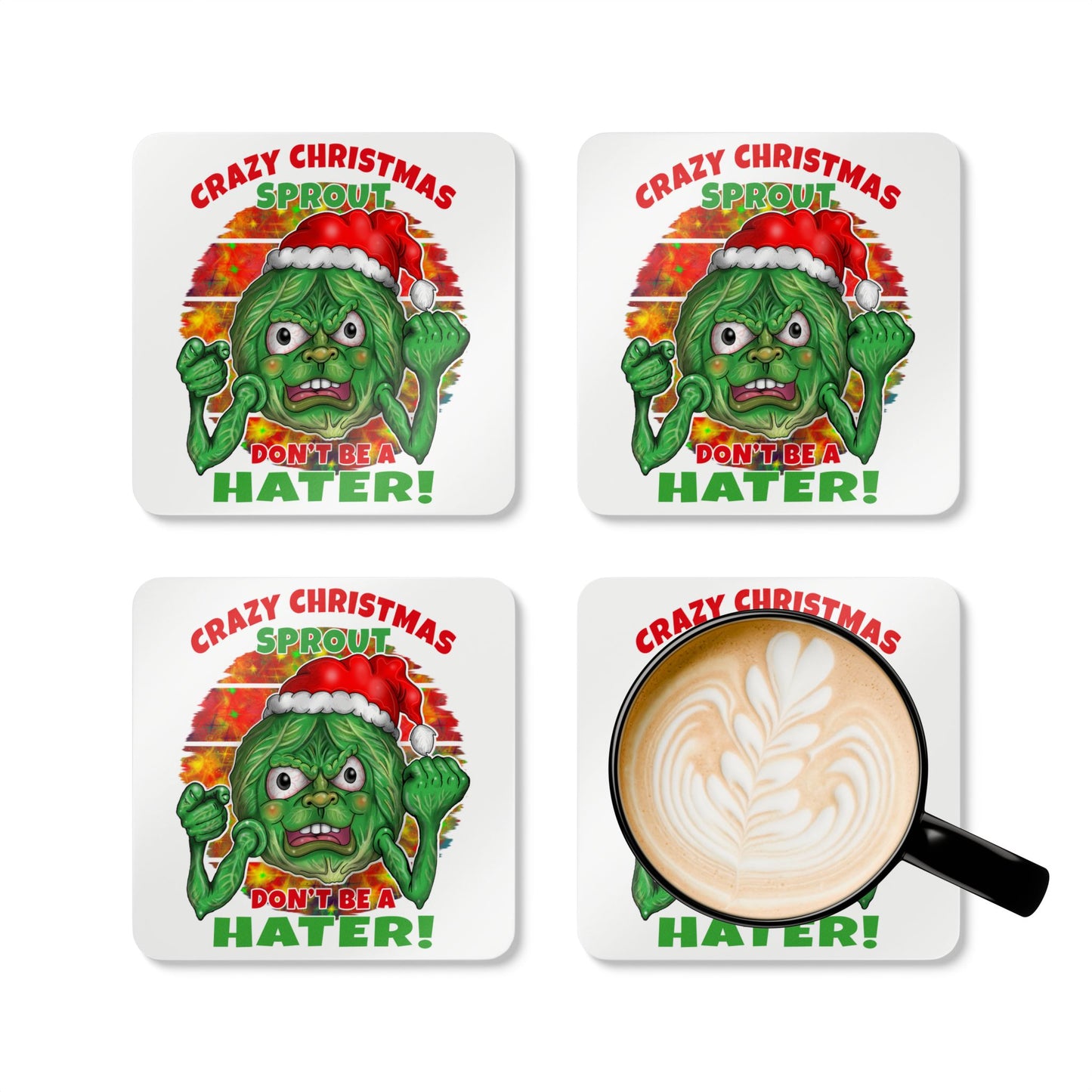 Coaster - "Crazy Christmas Sprout" Holiday Cork Drink Coaster Set (Don't Be a Hater!)