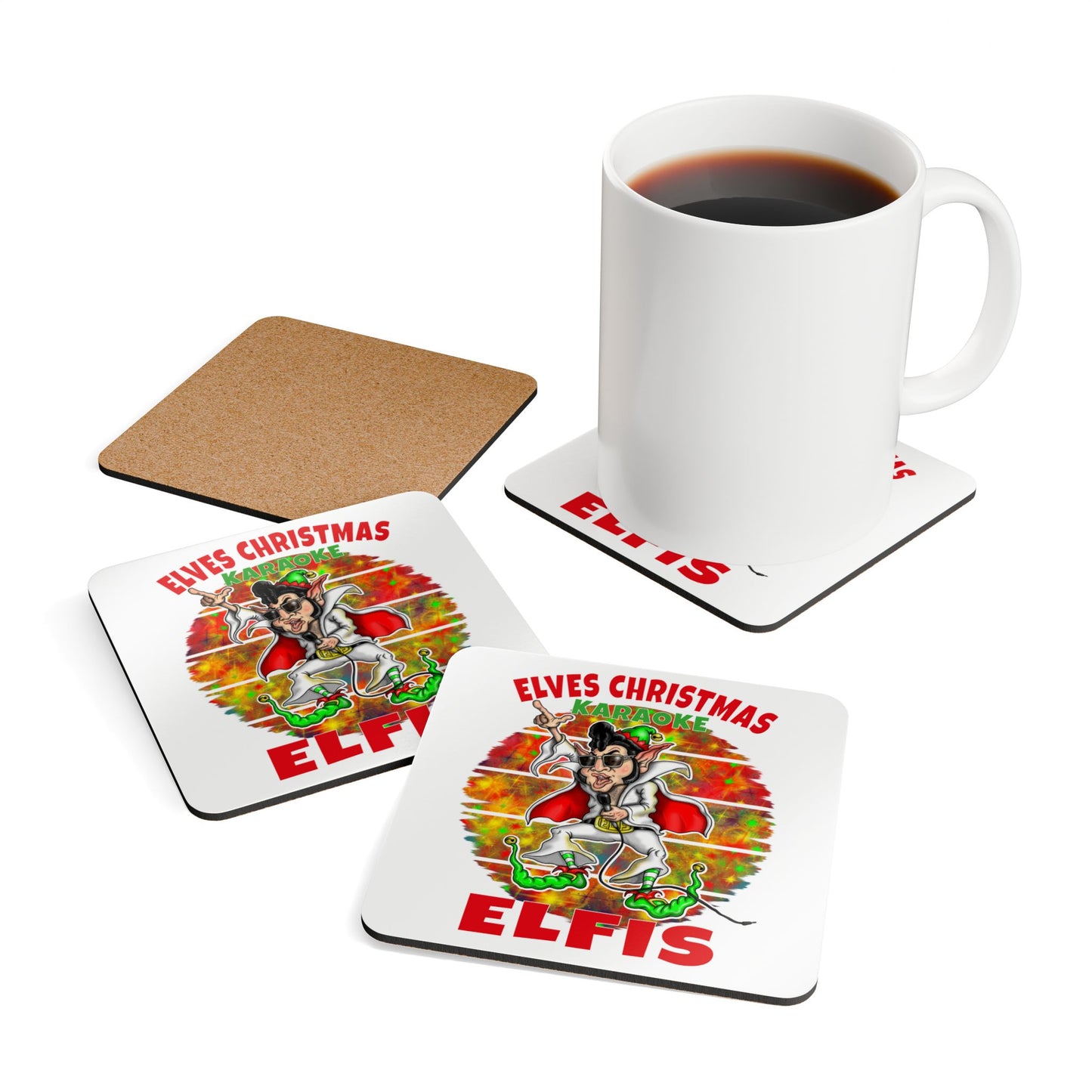 Elvis Christmas Karaoke Coaster Set — 'Elfis' Cork Drink Coasters