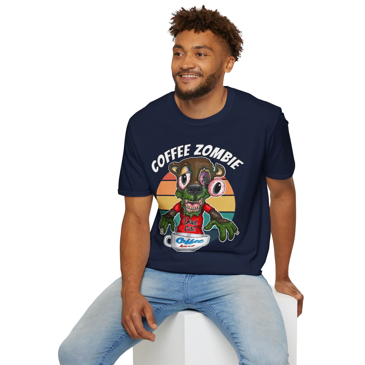 Coffee Zombie Bear T-Shirt — Retro Sunrise Coffee Lover Tee