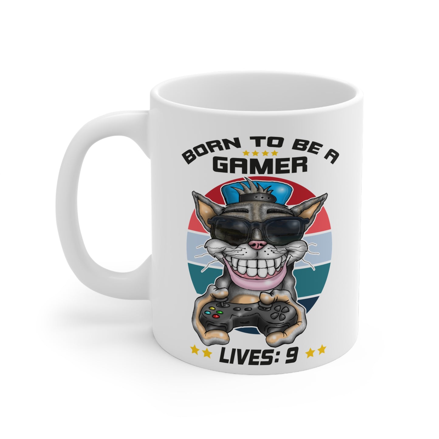 Gamer Cat Mug — "Born to Be a Gamer" 11oz Ceramic Coffee Cup