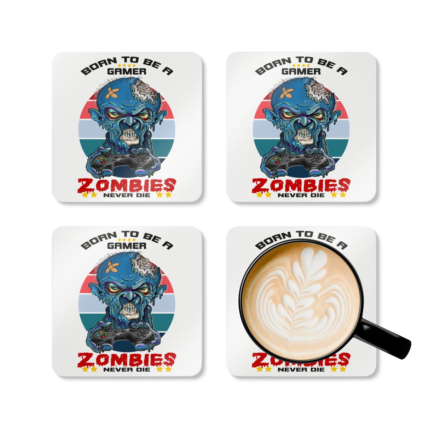 Zombie Gamer Cork Coaster Set — "Born to Be a Gamer, Zombies Never Die"