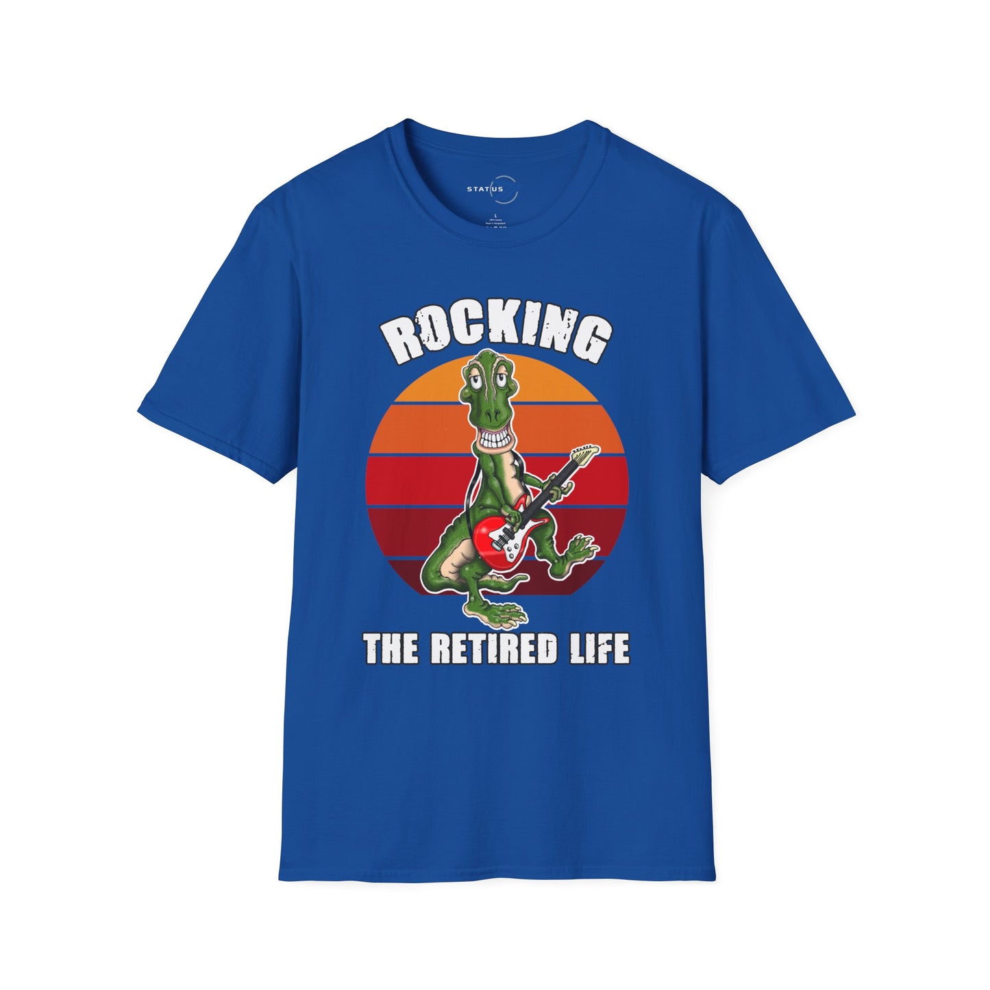 Rocking the Retired Life T-Shirt — Funny Retirement Guitar Dinosaur Tee