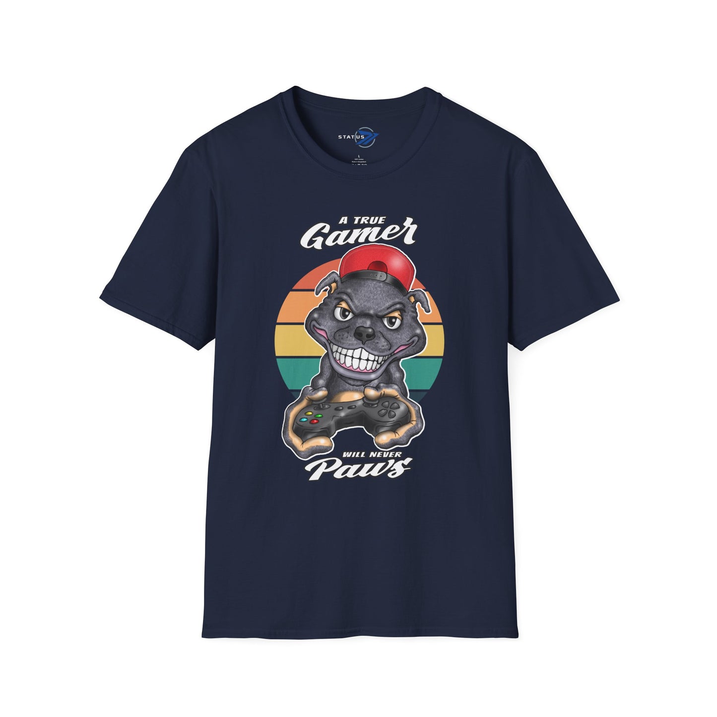 A True Gamer Never Paws T-Shirt — Retro Pit Bull Holding Game Controller Graphic Tee