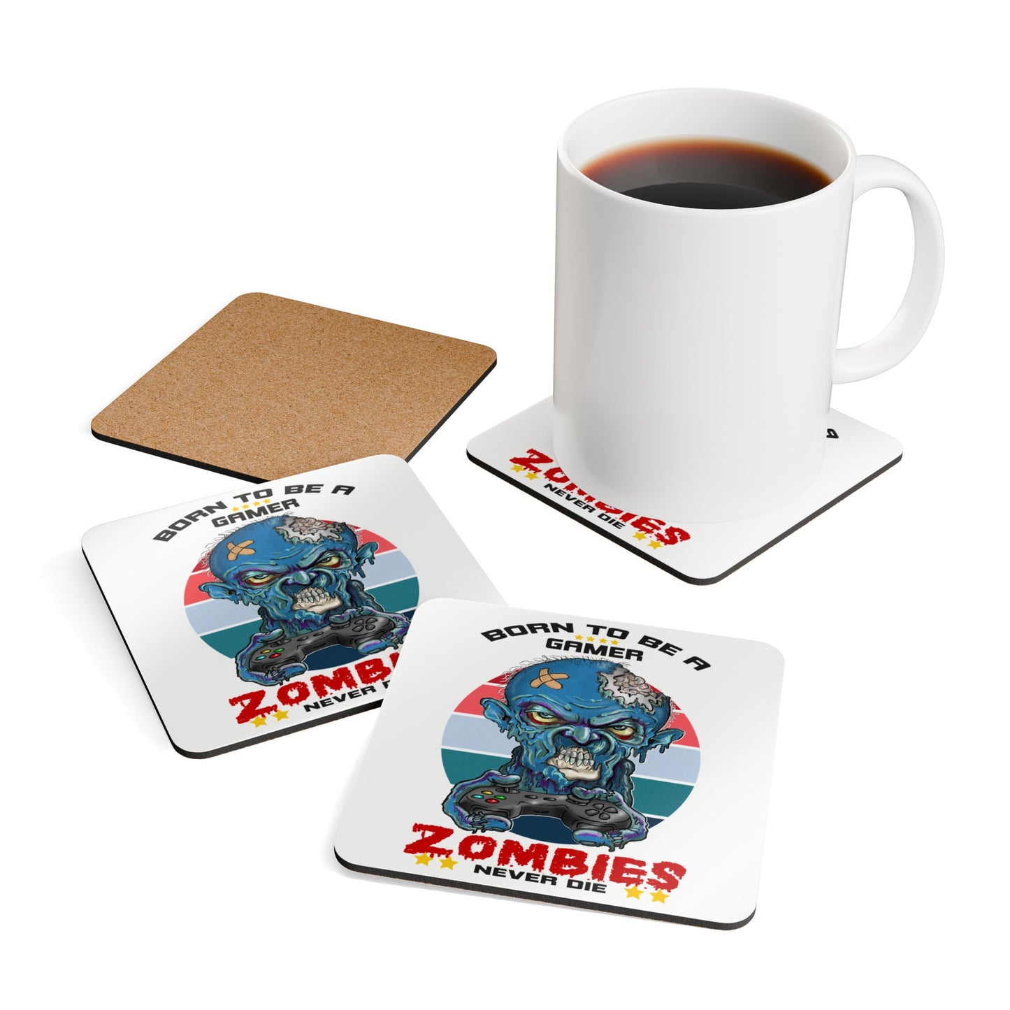 Zombie Gamer Cork Coaster Set — "Born to Be a Gamer, Zombies Never Die"