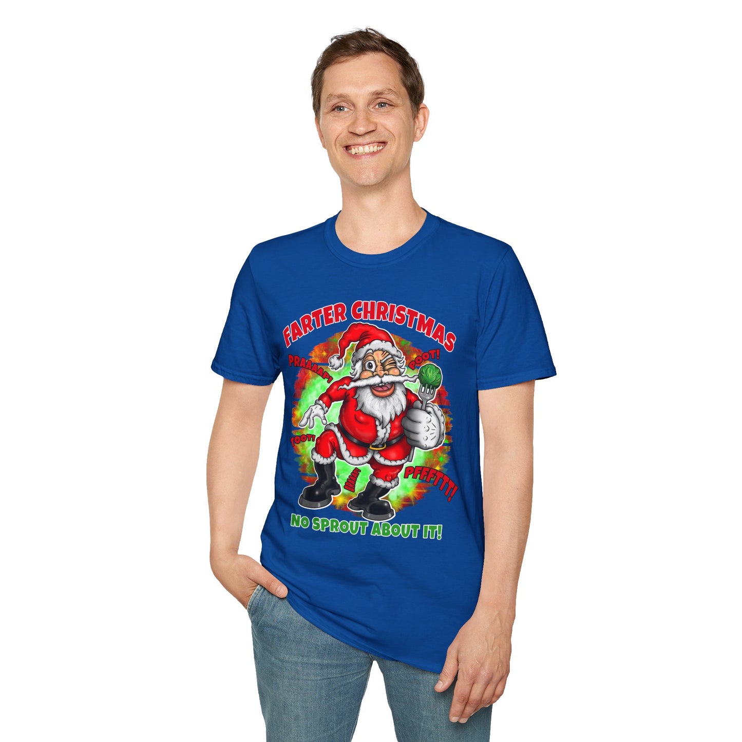 Funny Christmas T-Shirt — "Farter Christmas: No Sprout About It!" Santa Graphic Tee
