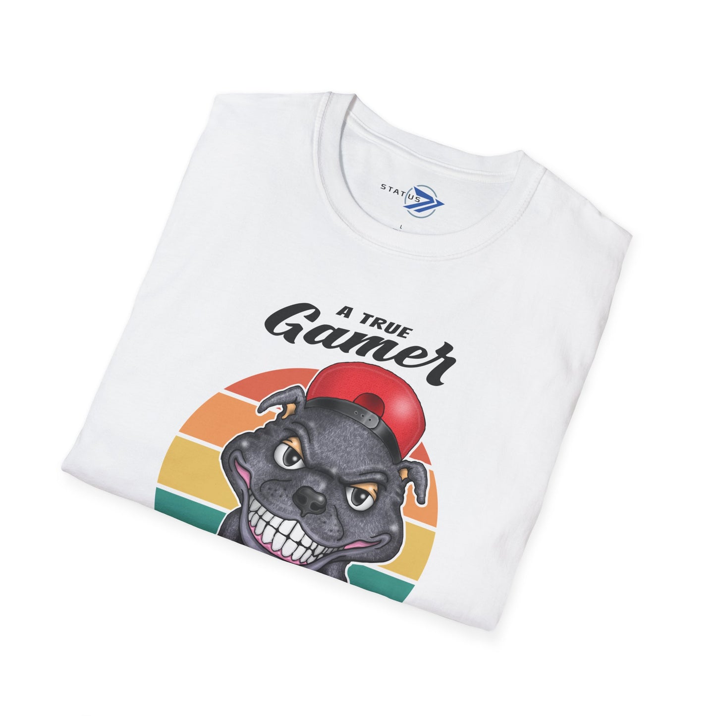 A True Gamer Never Paws T-Shirt — Retro Pit Bull Holding Game Controller Graphic Tee