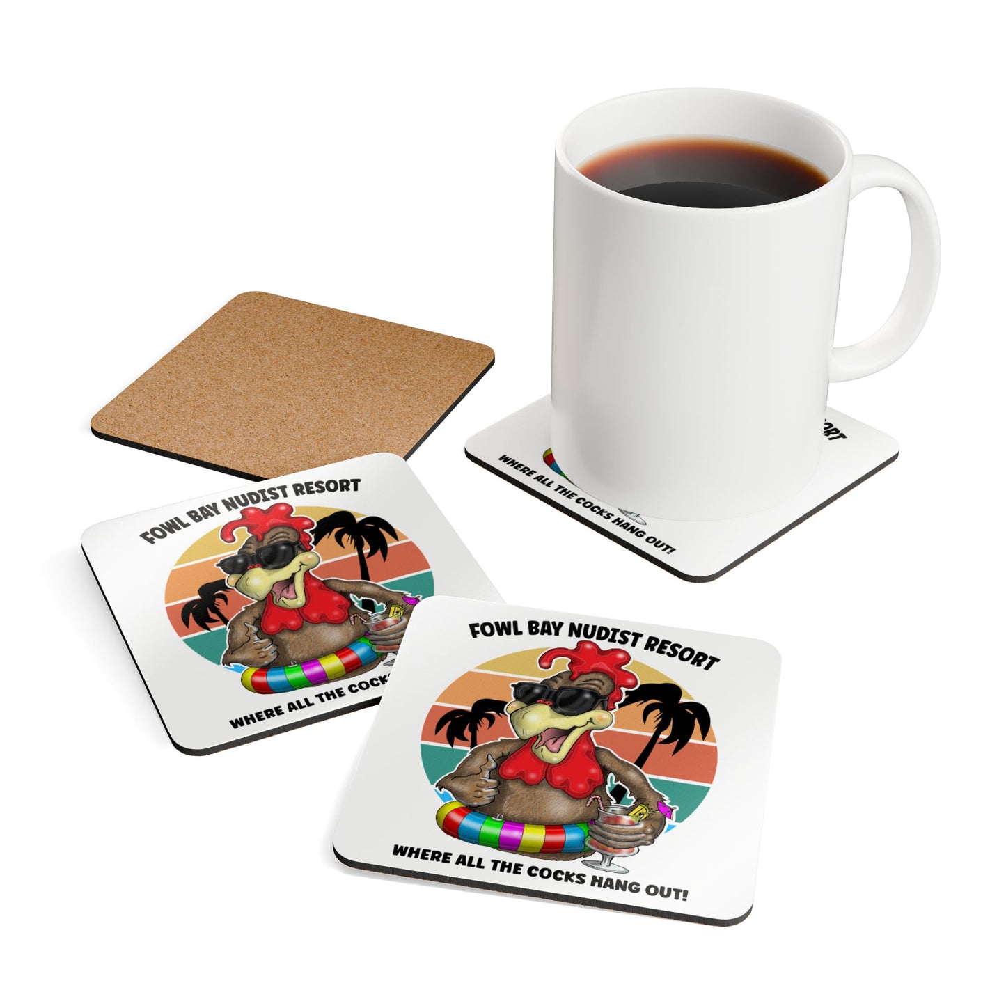 Cork Coaster Set – "Fowl Bay Nudist Resort" Rooster Design (Where All the Cocks Hang Out)