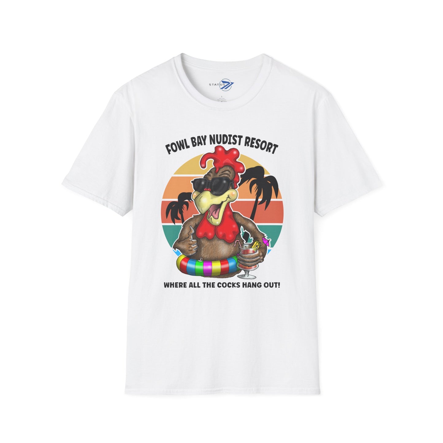 T-Shirt – Fowl Bay Nudist Resort Rooster Graphic Tee (Where All the Cocks Hang Out!)