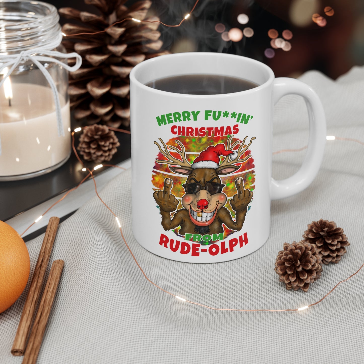 Rudolph Christmas Reindeer Mug - 'Merry Fu**in' Christmas from Rude-olph' 11oz Ceramic Coffee Cup