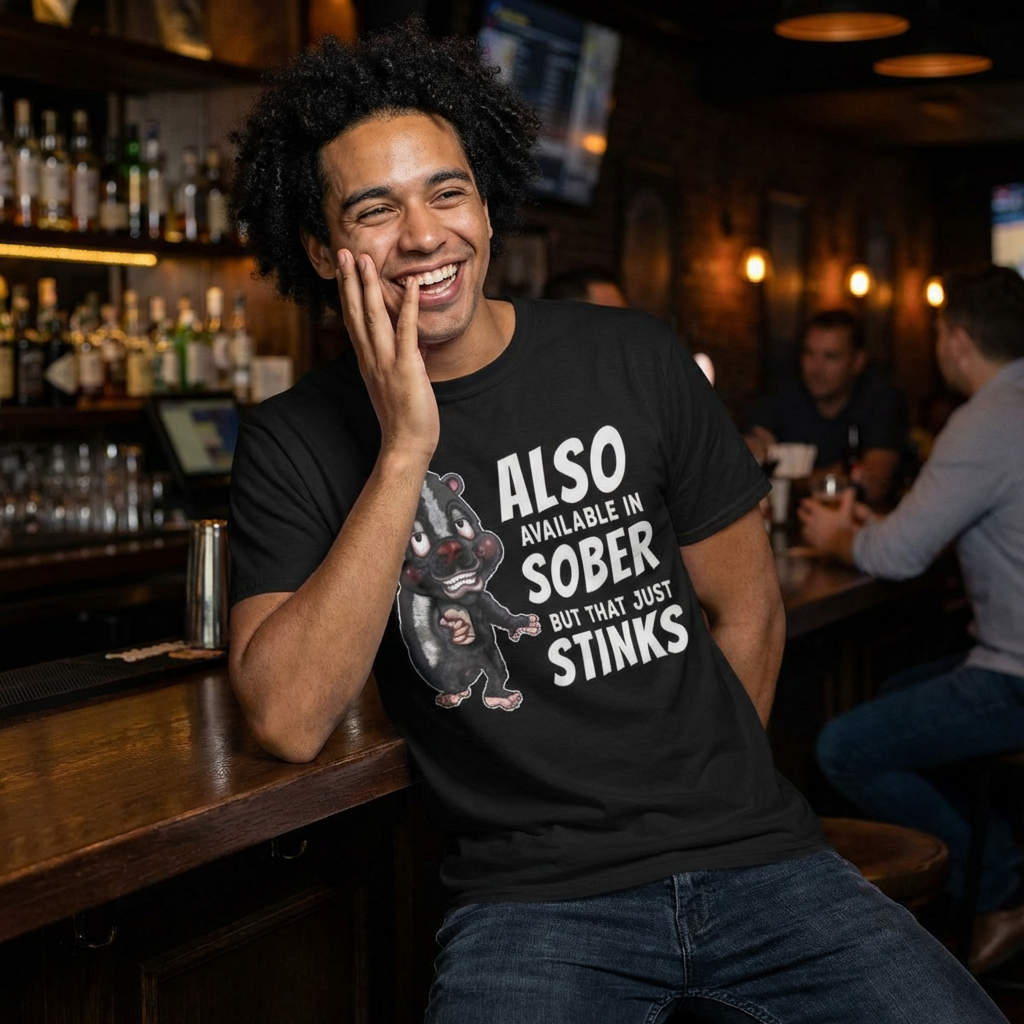 T-Shirt — Funny Skunk Design “Also Available in Sober But That Just Stinks”
