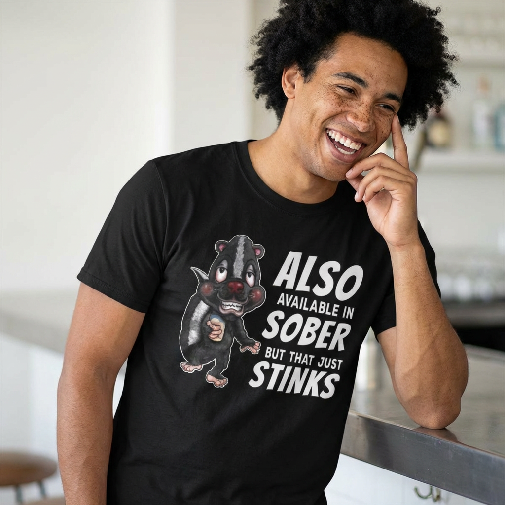 T-Shirt — Funny Skunk Design “Also Available in Sober But That Just Stinks”