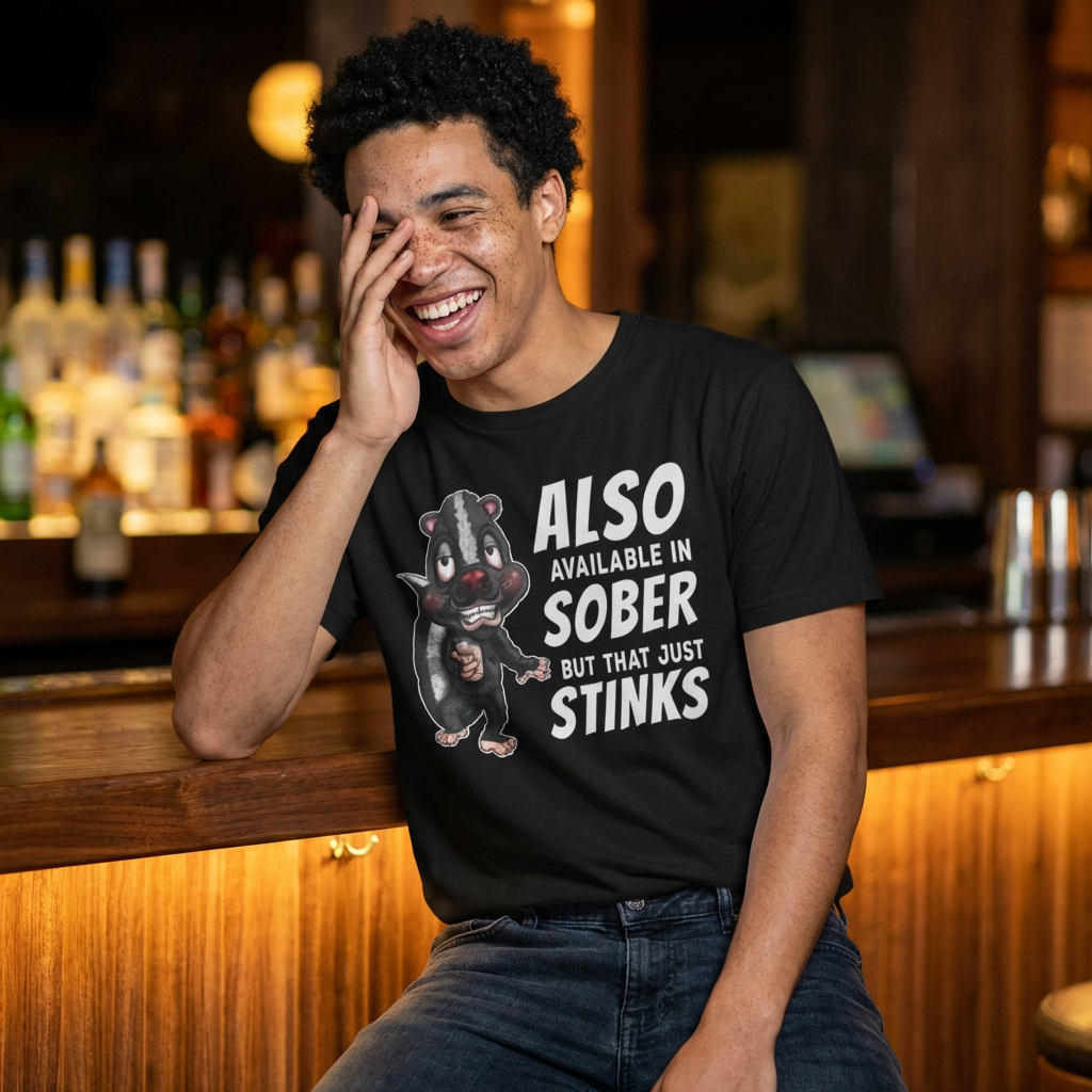 T-Shirt — Funny Skunk Design “Also Available in Sober But That Just Stinks”