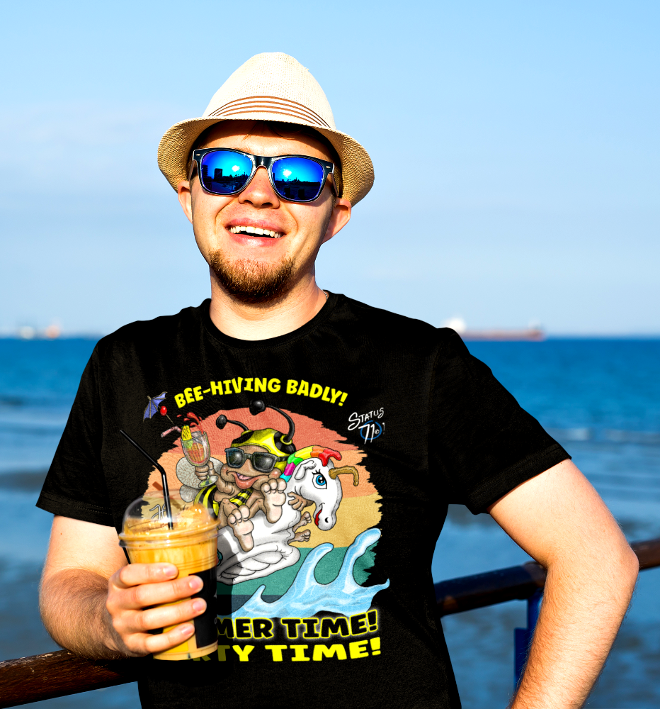 Summer Surf Party T‑Shirt — "Summer Time! Party Time!" Retro Surfing Bee Graphic
