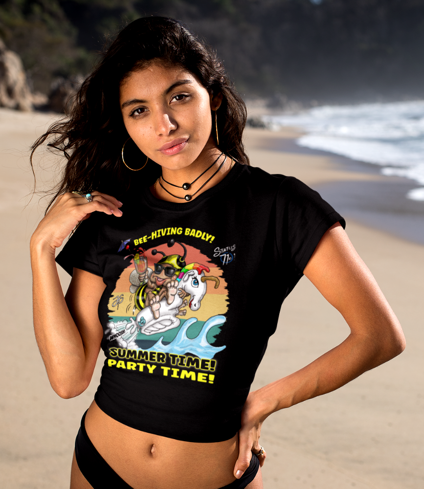 Summer Surf Party T‑Shirt — "Summer Time! Party Time!" Retro Surfing Bee Graphic