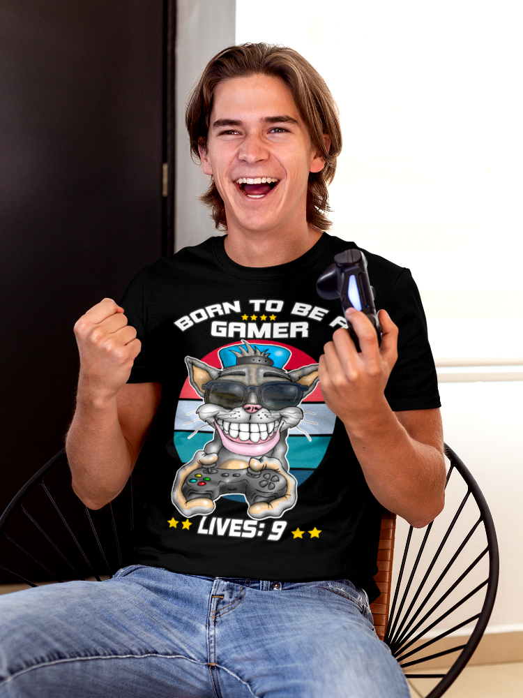 Gamer Cat T-Shirt – "Born to Be a Gamer" Retro Graphic (Lives: 9)