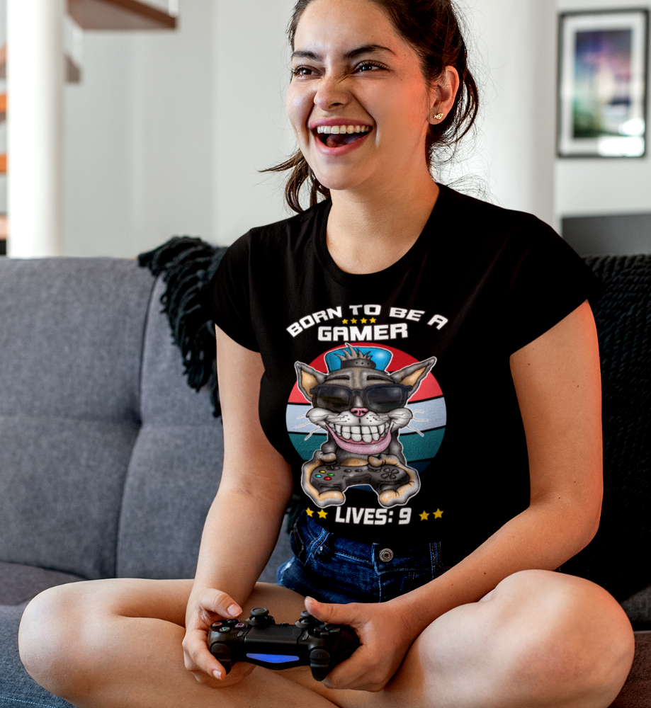 Gamer Cat T-Shirt – "Born to Be a Gamer" Retro Graphic (Lives: 9)