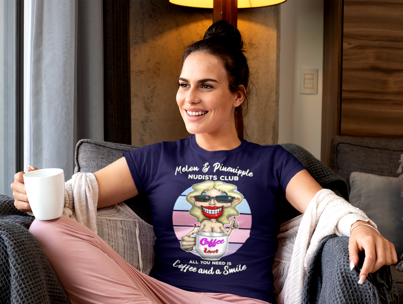 Melon & Pineapple Nudists Club T-Shirt — "All You Need Is Coffee and a Smile" Vintage Graphic Tee