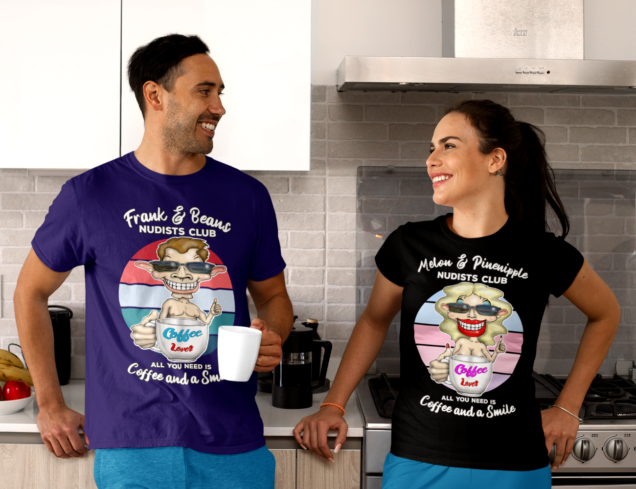 Melon & Pineapple Nudists Club T-Shirt — "All You Need Is Coffee and a Smile" Vintage Graphic Tee