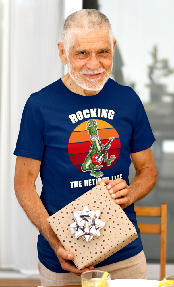 Rocking the Retired Life T-Shirt — Funny Retirement Guitar Dinosaur Tee