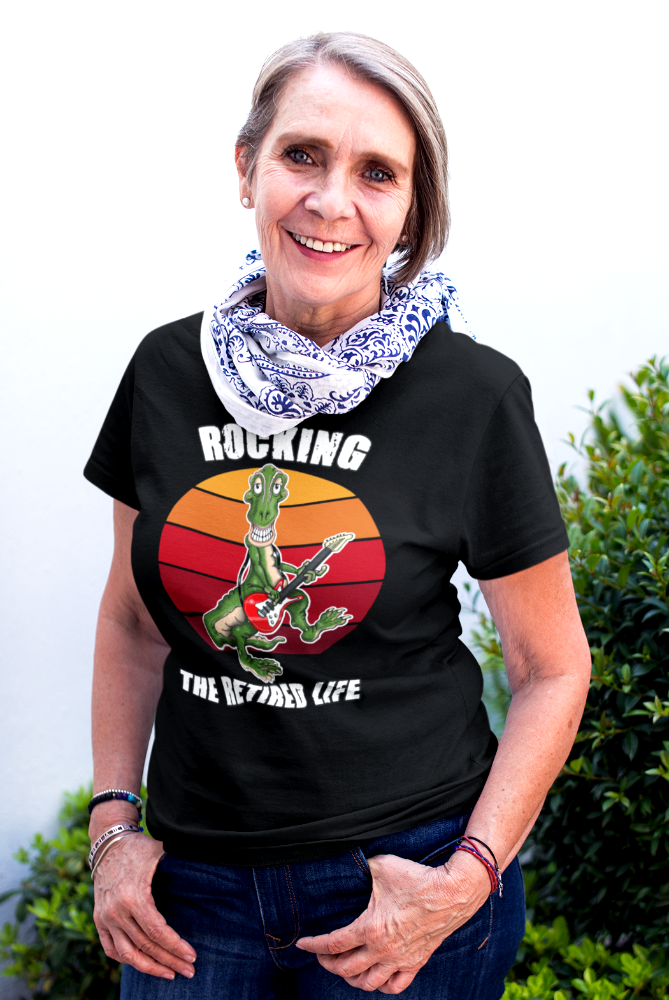 Rocking the Retired Life T-Shirt — Funny Retirement Guitar Dinosaur Tee
