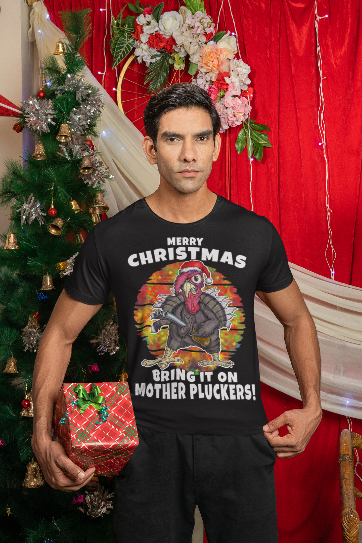 Christmas Turkey T-Shirt — “Merry Christmas, Bring It On Mother Pluckers!” Funny Holiday Tee