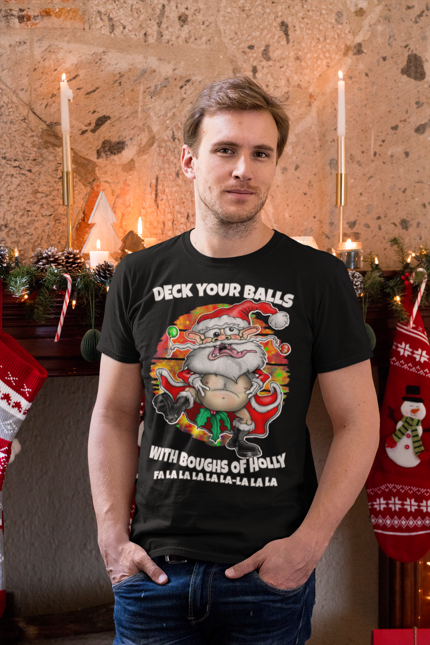 Funny Santa Christmas T-Shirt — "Deck Your Balls with Boughs of Holly" Holiday Tee
