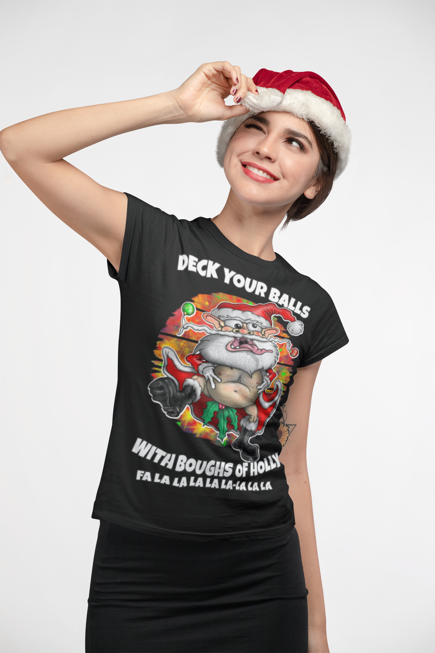 Funny Santa Christmas T-Shirt — "Deck Your Balls with Boughs of Holly" Holiday Tee