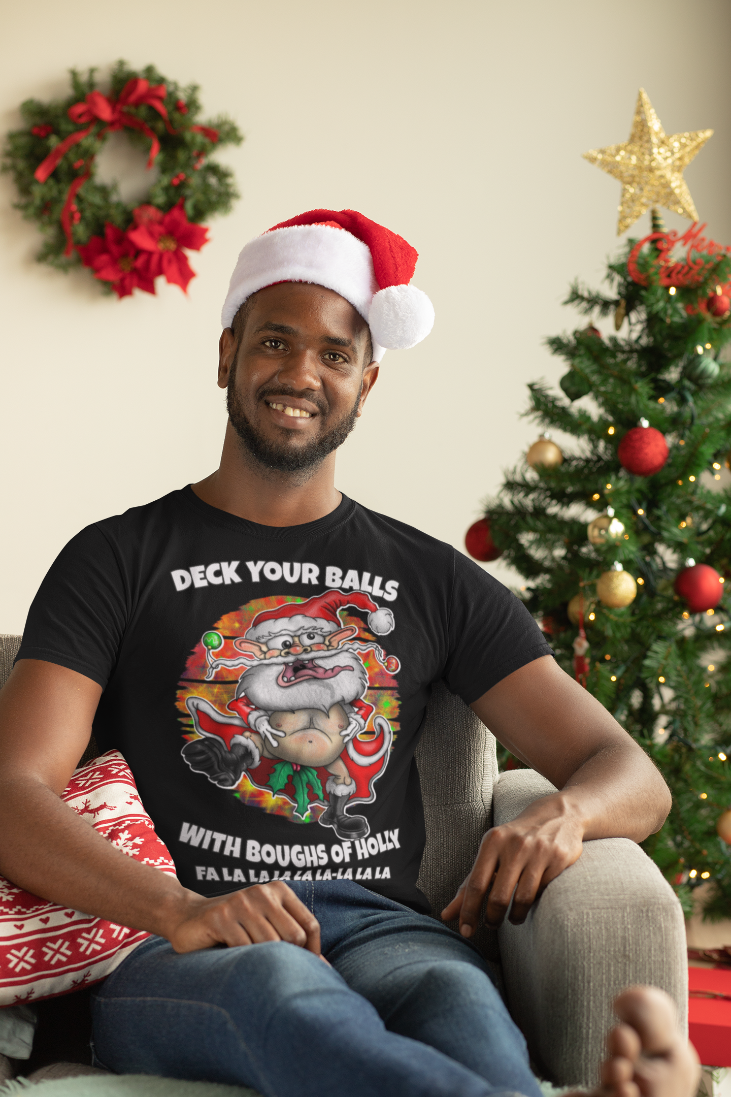 Funny Santa Christmas T-Shirt — "Deck Your Balls with Boughs of Holly" Holiday Tee