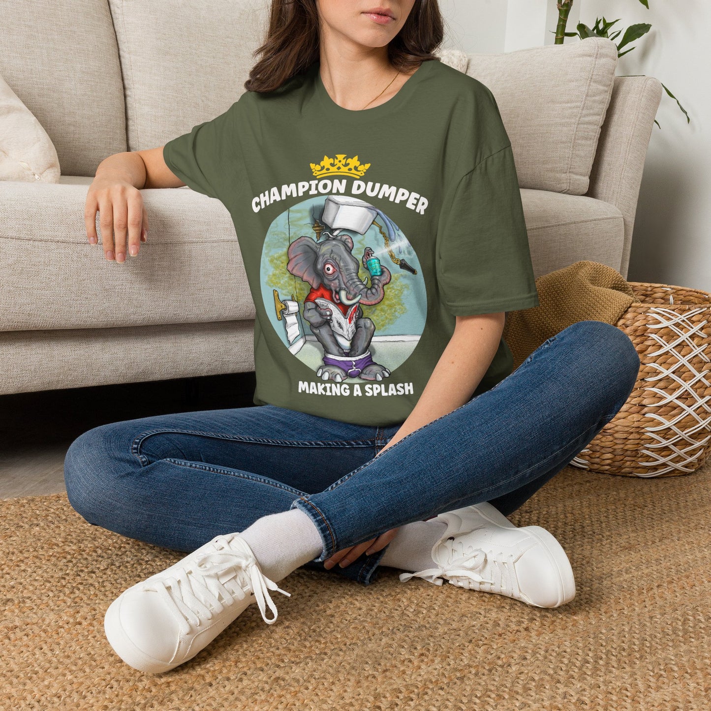 Champion Dumper T-Shirt — Funny Novelty Elephant 'Making a Splash' Tee