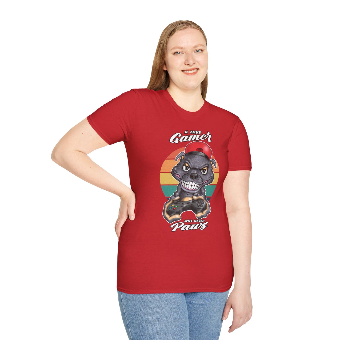 A True Gamer Never Paws T-Shirt — Retro Pit Bull Holding Game Controller Graphic Tee
