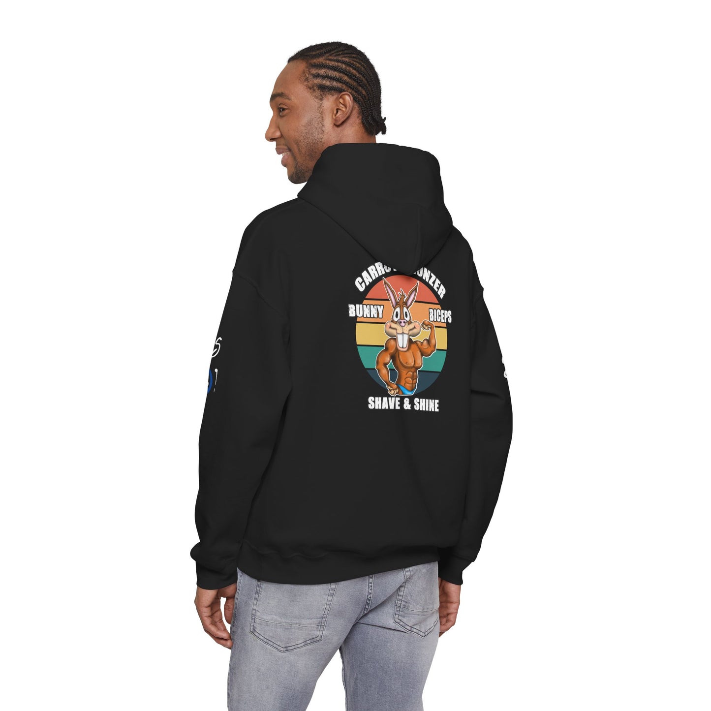 Funny 'Gym Bunny' Hoodie — Bunny Biceps & Carrot Bronzer Design