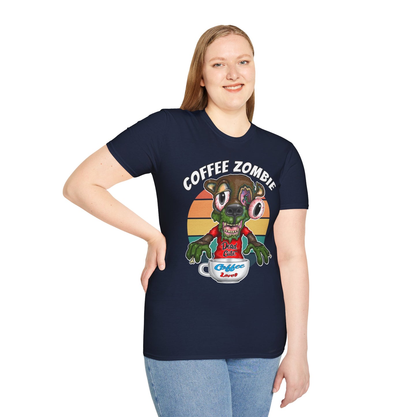 Coffee Zombie Bear T-Shirt — Retro Sunrise Coffee Lover Tee
