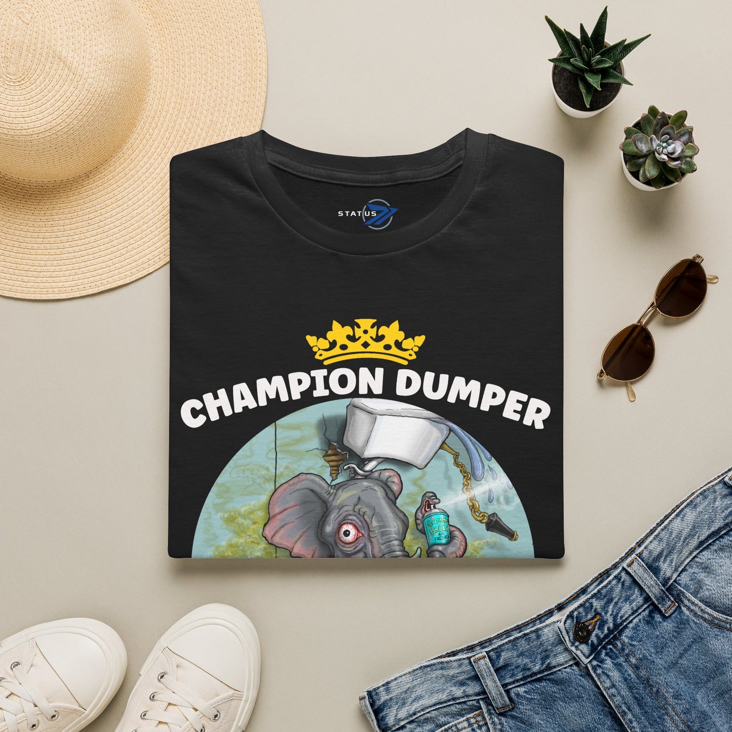 Champion Dumper T-Shirt — Funny Novelty Elephant 'Making a Splash' Tee