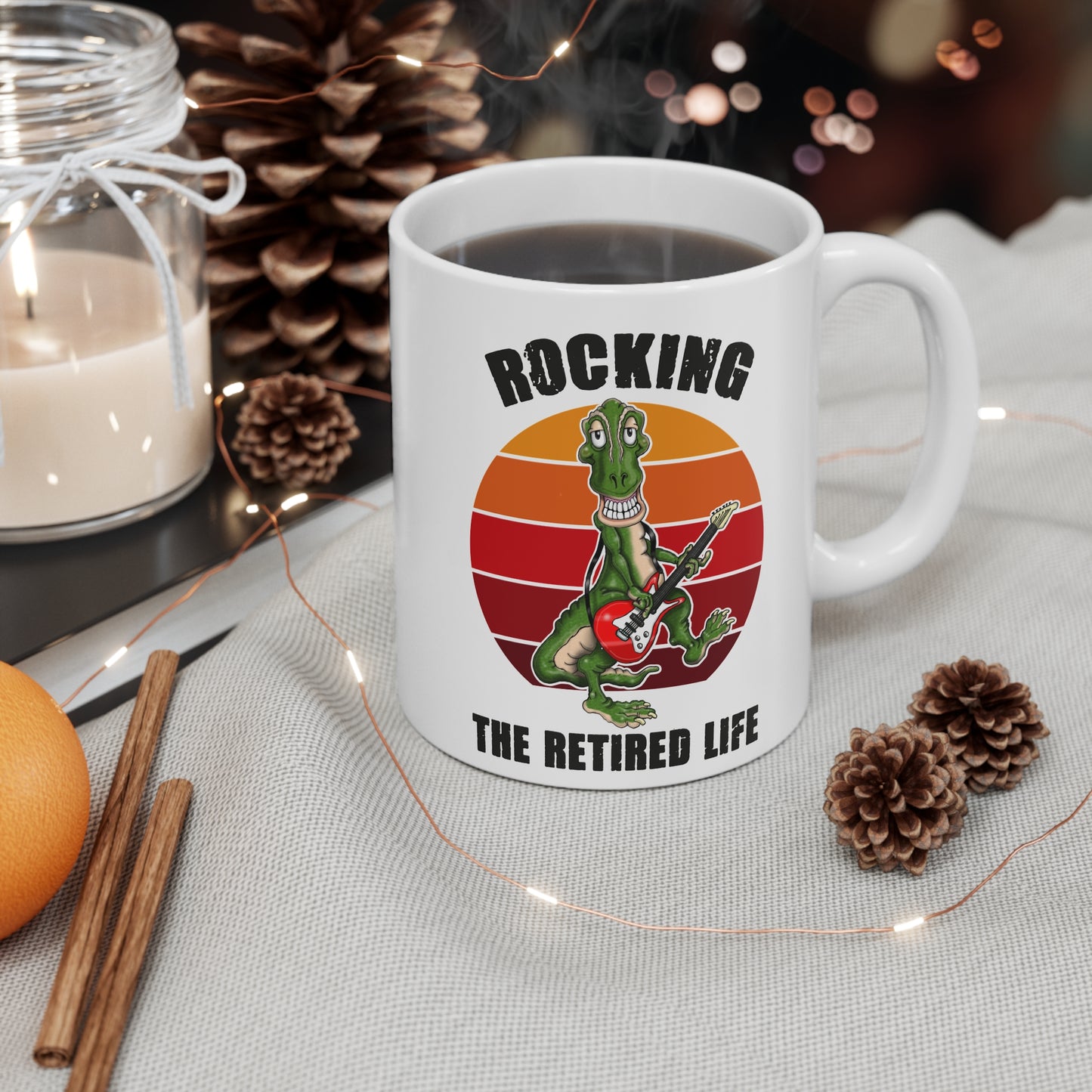 Rocking the Retired Life Mug — Funny Retirement Coffee Cup with Guitar Dinosaur