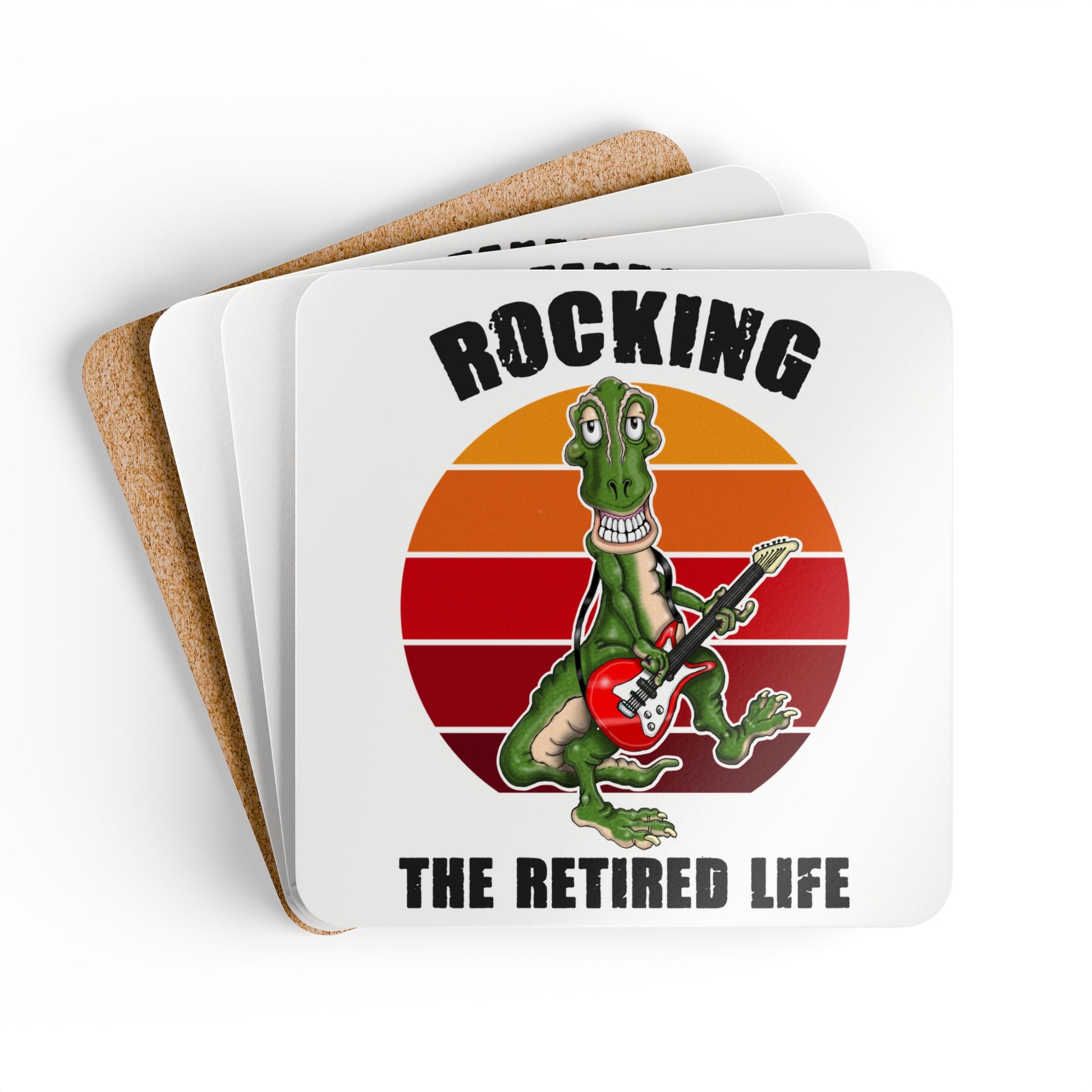Cork Coaster Set - 'Rocking the Retired Life' Funny Guitar Dinosaur Retirement Drink Coasters