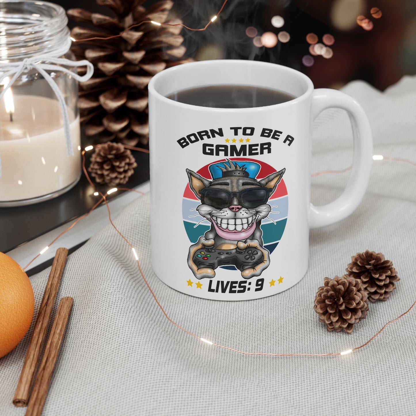 Gamer Cat Mug — "Born to Be a Gamer" 11oz Ceramic Coffee Cup