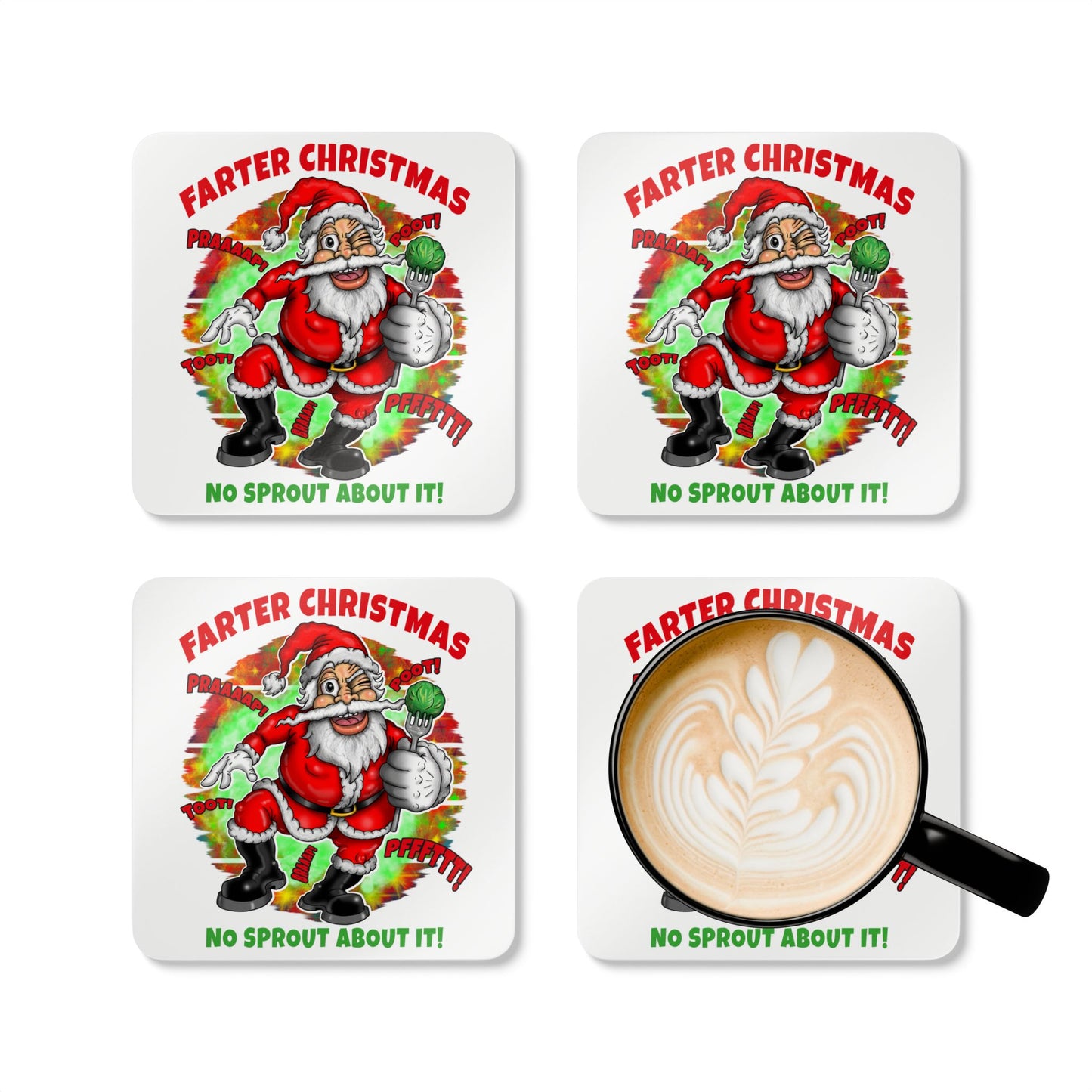 Funny Christmas Coasters — “Farter Christmas: No Sprout About It!” Holiday Drink Coaster Set