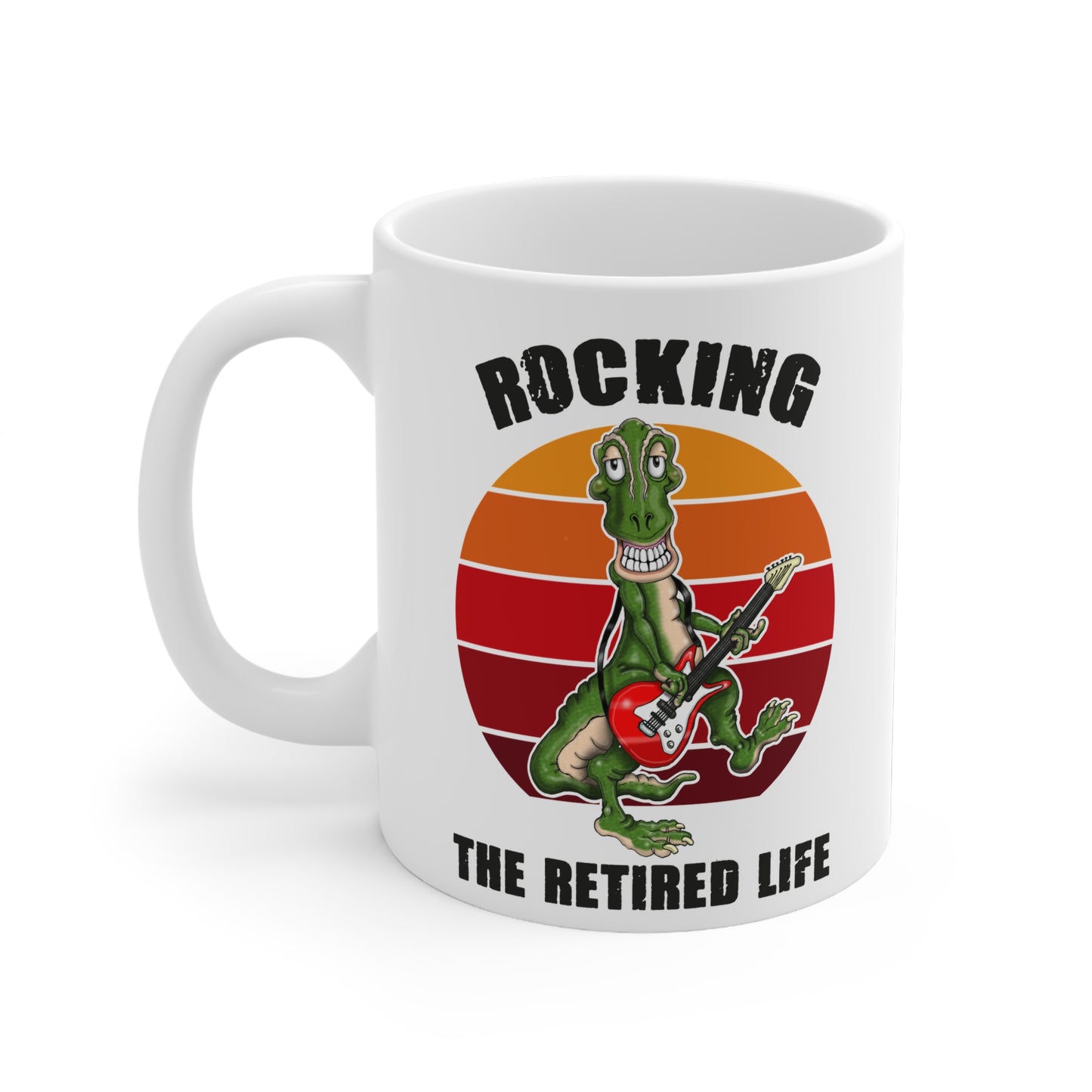 Rocking the Retired Life Mug — Funny Retirement Coffee Cup with Guitar Dinosaur