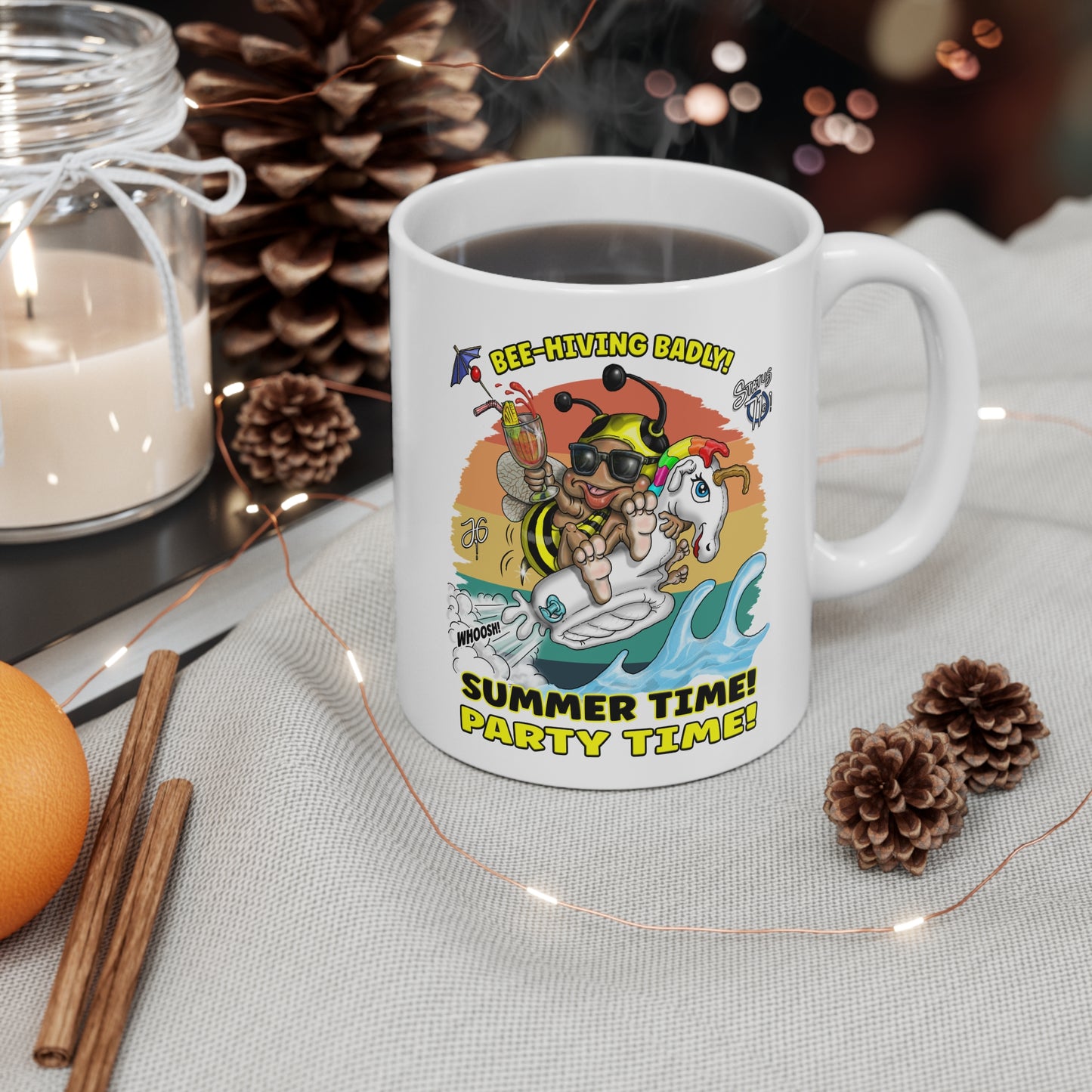 Summer Party Mug — 'Bee-Hiving Badly! Summer Time! Party Time!' Ceramic Coffee Cup
