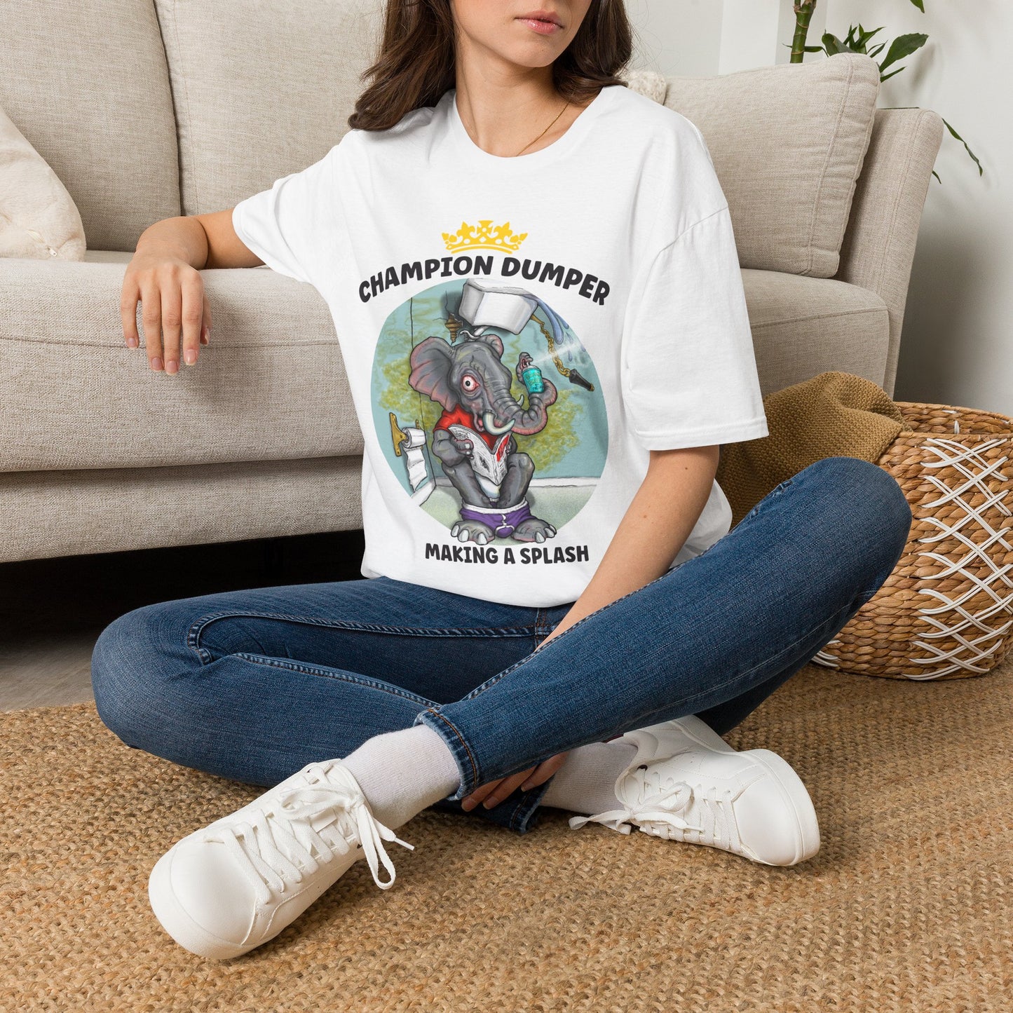 Champion Dumper T-Shirt — Funny Novelty Elephant 'Making a Splash' Tee